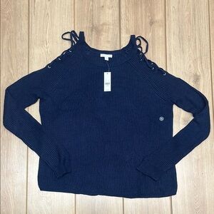 Blue Crew Neck Sweater with Lace-Up Shoulders